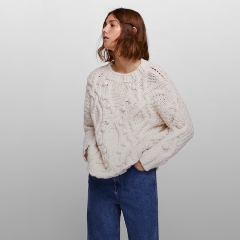 Zara Knit Pom Sweater Women's Cream Cable Knit Sweater Size L